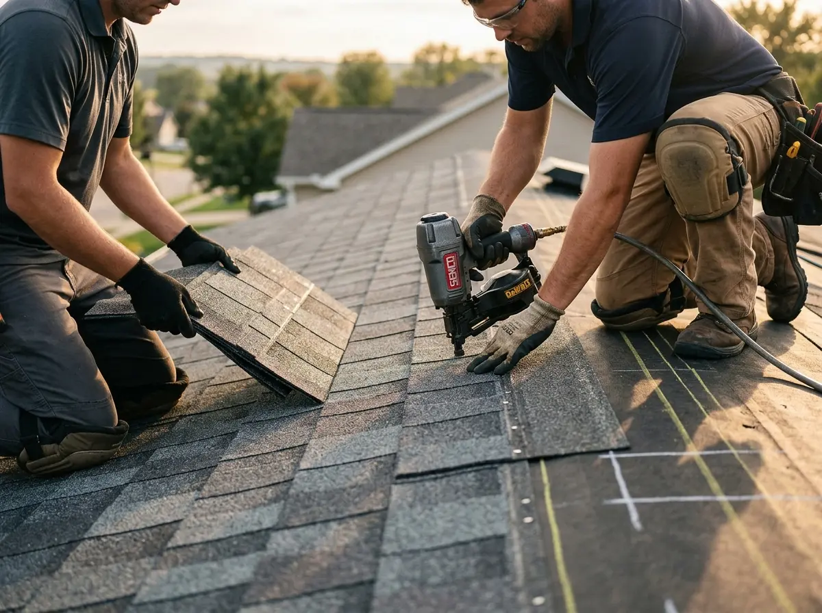Professional roofer working on a residential roof in Huntingburg